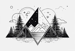 simple thick line art of space and nature in triangle shape tattoo idea