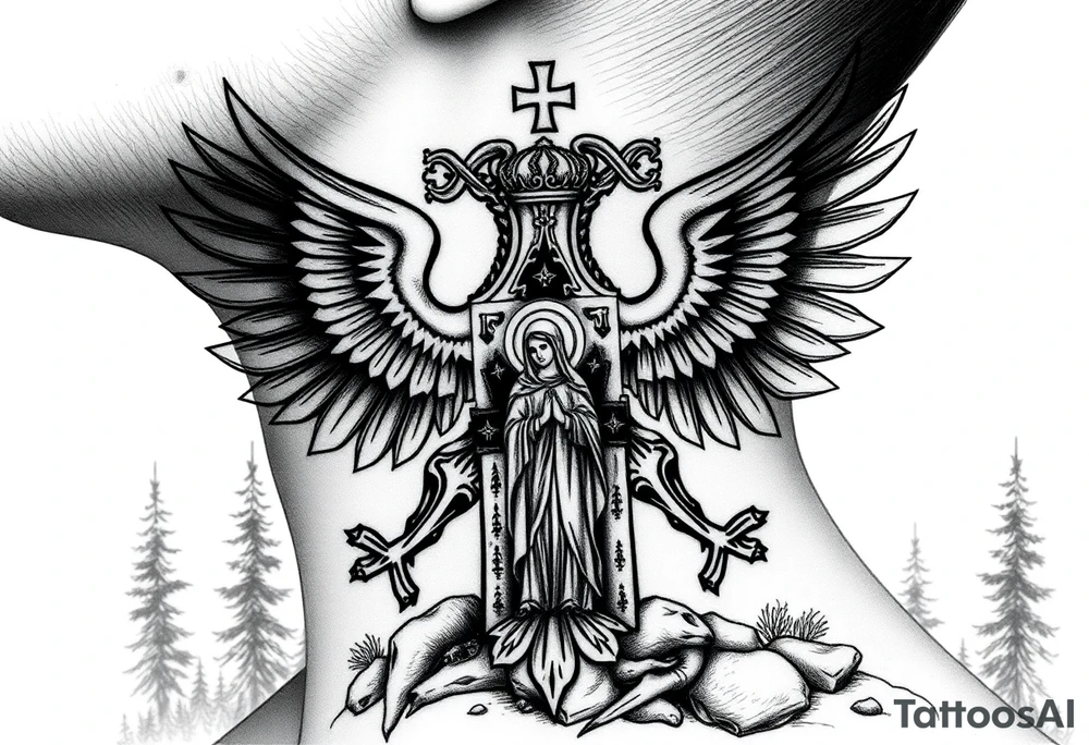 russian coat of arms double headed eagle traditional christian orthodox cross with a virgin mary stood in the entrance of a russian orthodox dome church on the side of the neck in a wilderness setting tattoo idea