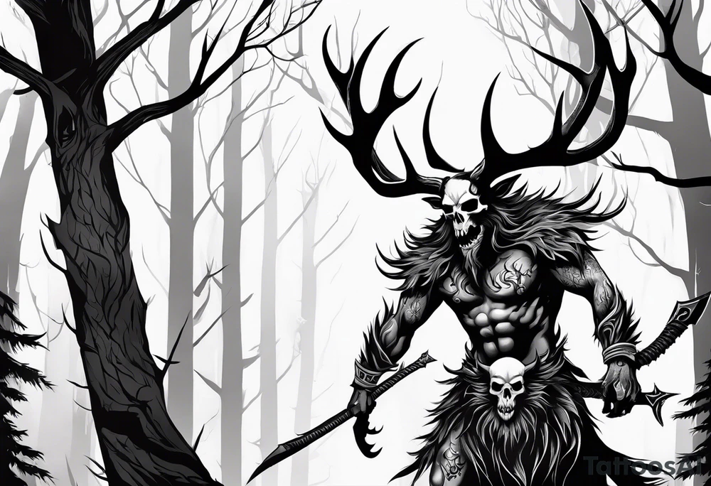 A wendigo with a skull head with flames behind in a forest tattoo idea