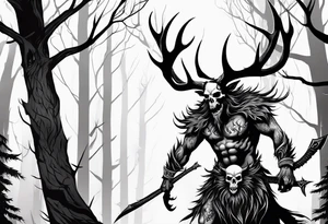 A wendigo with a skull head with flames behind in a forest tattoo idea