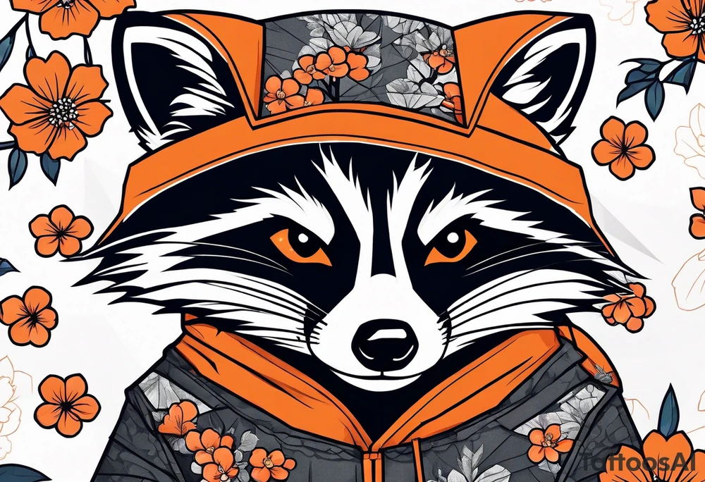raccoon wearing a black and white Superman hoodie and orange Japanese cherry blossoms tattoo idea