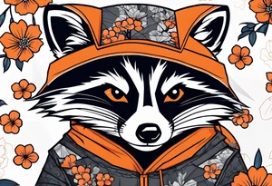 raccoon wearing a black and white Superman hoodie and orange Japanese cherry blossoms tattoo idea
