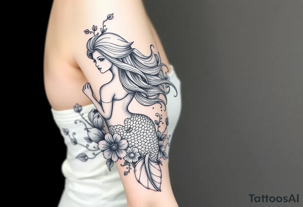 ethereal mermaid with flowing hair among coral and sea flowers tattoo idea