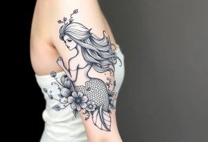ethereal mermaid with flowing hair among coral and sea flowers tattoo idea