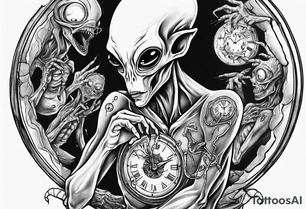 Alien holding a broken clock in hand tattoo idea