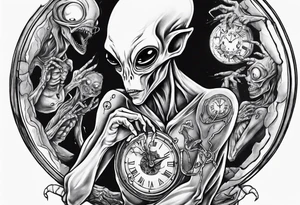 Alien holding a broken clock in hand tattoo idea