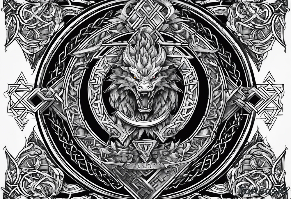 Valhalla sword shield dragon axe stairs Valknut barbed wire chains valknut fire tattoo idea
