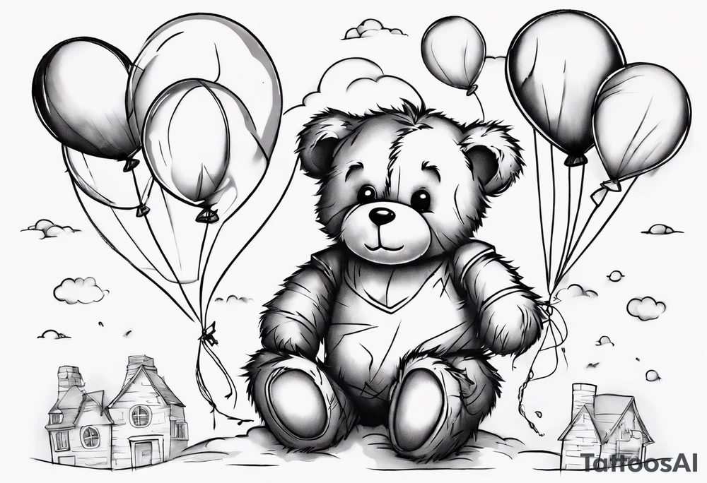 Scruffy teddy bear holding on to balloons and wearing a T-shirt going up to the sky tattoo idea