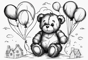 Scruffy teddy bear holding on to balloons and wearing a T-shirt going up to the sky tattoo idea
