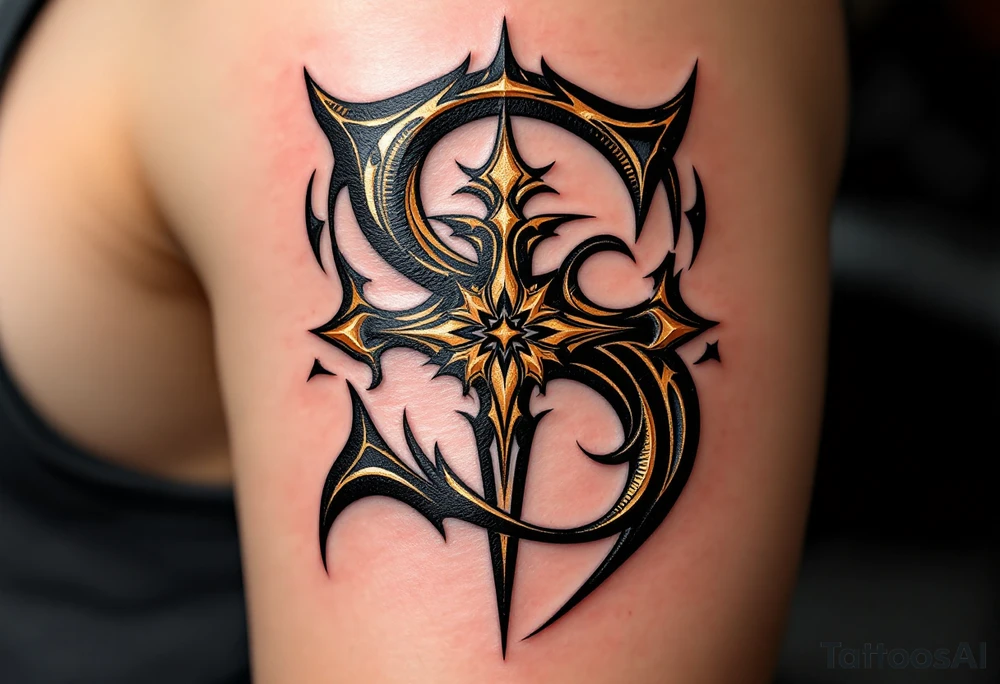 A black and gold "S" designed like an ancient monogram with regal details. tattoo idea