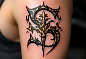 A black and gold "S" designed like an ancient monogram with regal details. tattoo idea