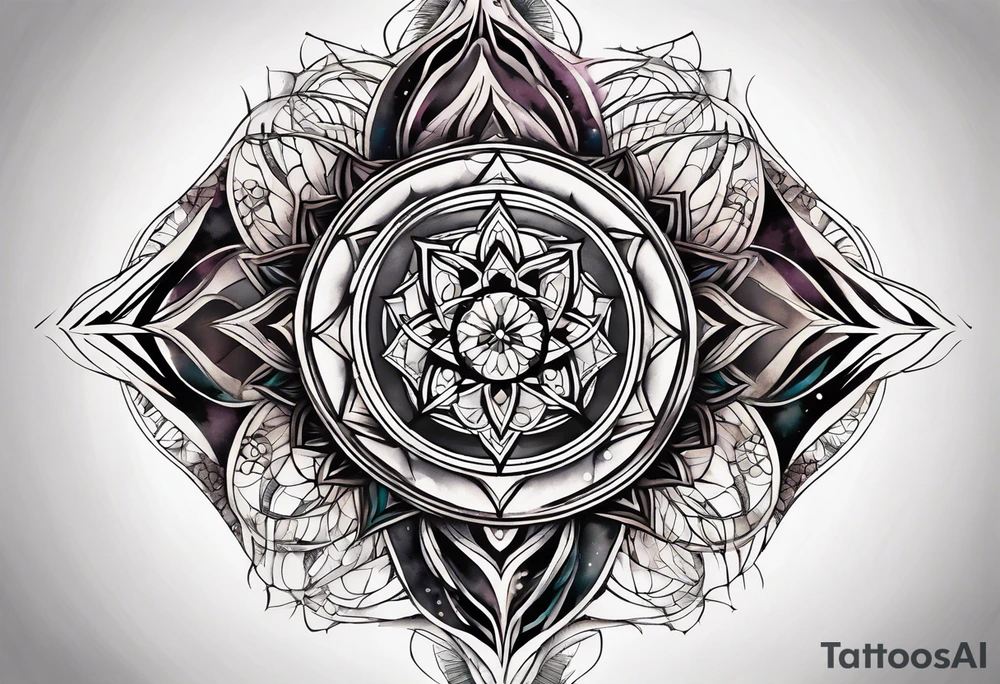 front knee tattoo with sacred geometry, swirls & washes, background washes tattoo idea