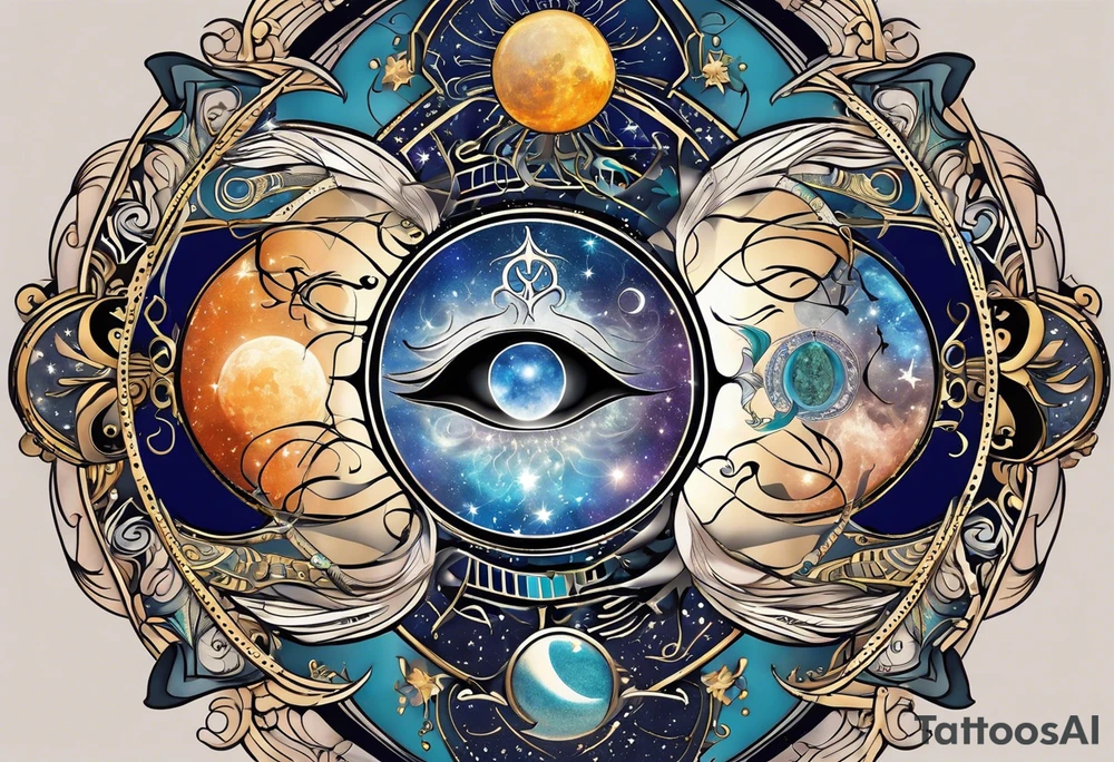 Astrology, Cancer & Aquarius, Natal Chart, angelic, vision, yin yang, the moon, the sun, Uranus, Pluto, spiritual third eye, mystical armband tattoo idea