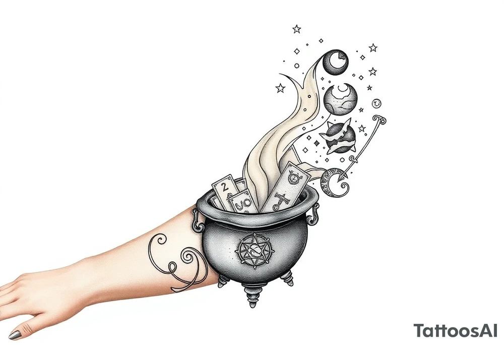 Milky way filled with zodiac symbols runes tarot cards coming out of a cauldron tattoo idea