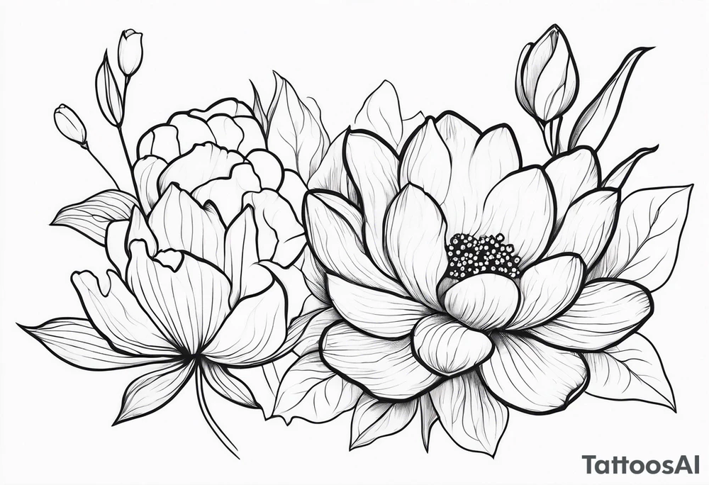 Thin line lotus dogwood lily of the valley and peony wildflower tattoo idea