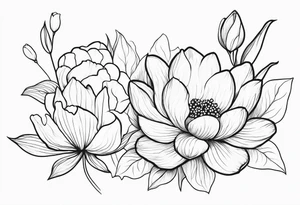 Thin line lotus dogwood lily of the valley and peony wildflower tattoo idea