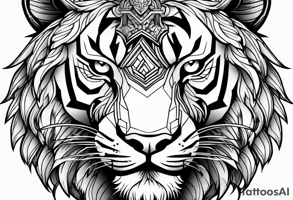 tigers head faded into a lions head with a viking tattoo idea