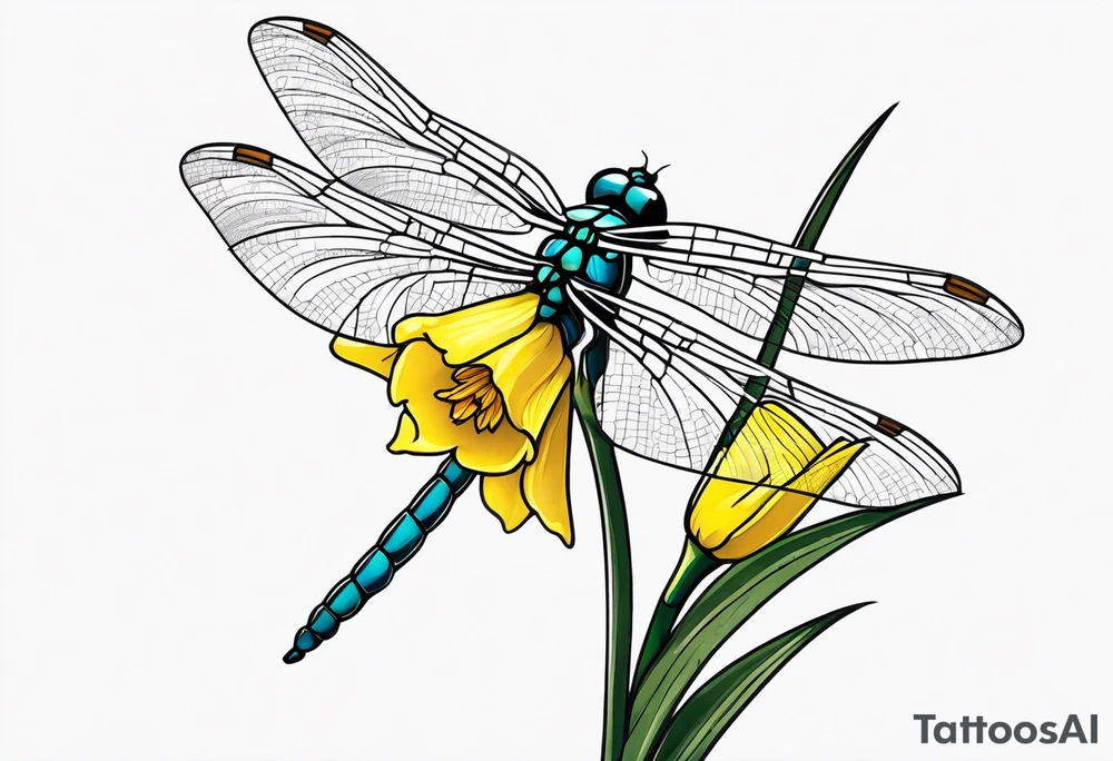 A minimalist mini size dragonfly perched on a daffodil flower. Let the daffodil flower be minimalist and have yellow lines. Let the stem of the flower extend downwards and instead of the stem write "muadil" in cursive tattoo idea