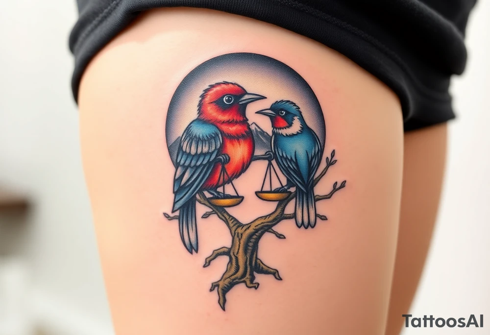one of the birds red wearing a suit, other bird navy blue with glasses or holding a book, scales of justice built into a tree, starry night painting and mountain background tattoo idea