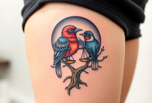 one of the birds red wearing a suit, other bird navy blue with glasses or holding a book, scales of justice built into a tree, starry night painting and mountain background tattoo idea