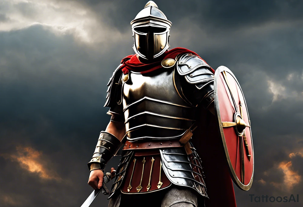 a high ranking roman soldier from AD 60, wearing armour which must include an armoured belt, breastplate, armoured shoes, shield, helmet and sword.
the soldier must look strong. the soldier is faceless. The image must include the full person, not just the top half. The soldier is mid-battle, fending off flaming arrows with his shield tattoo idea