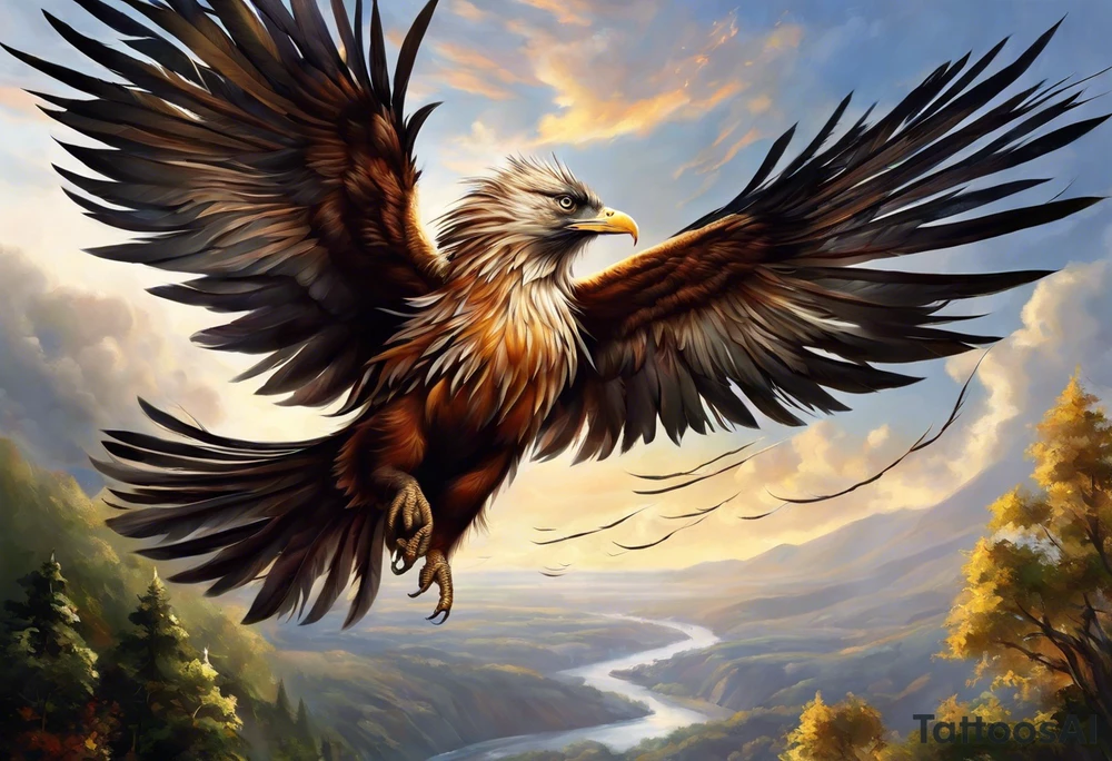 The tatto starts up in the left arm, at elbow height, where there are feathers moving under the action of the wind. The feathers interact with tree branches that advance towards the left hand. A little higher, close to the shoulder, lightning and thunder begin to appear, interacting with the feathers and branches. The feathers converge into a vortex of energy from which an owl's head is revealed, which is on the left chest. The branches go to the back, where they converge into a solid and psychedelic element that brings together different elements related to the energy of the creation of life: womb, rebirth, spirals, torus, sun and representations of the earth, including a house that can be clearly seen being built of earth. tattoo idea