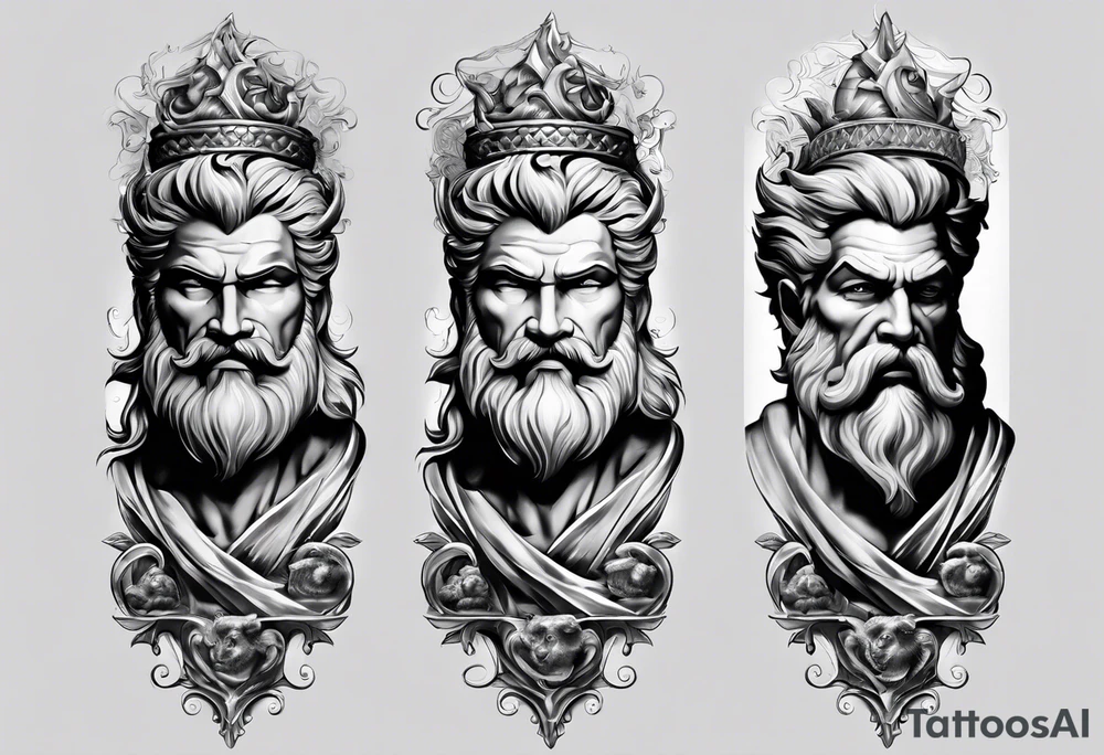 Full tattoo sleeve with Zeus, Poseidon and Hades. Zeus is at the left shoulder, Poseidon is at the left upper arm and Hades is at the left forearm. tattoo idea