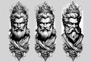Full tattoo sleeve with Zeus, Poseidon and Hades. Zeus is at the left shoulder, Poseidon is at the left upper arm and Hades is at the left forearm. tattoo idea