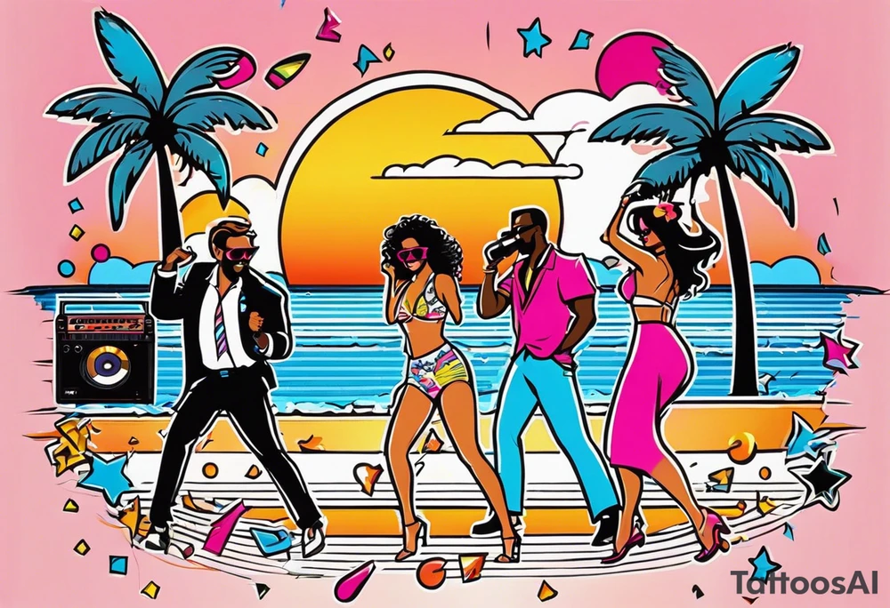 1980's miami vice style beach dance 
party, include confetti, music notes, boom box, bikinis sunset in the center tattoo idea