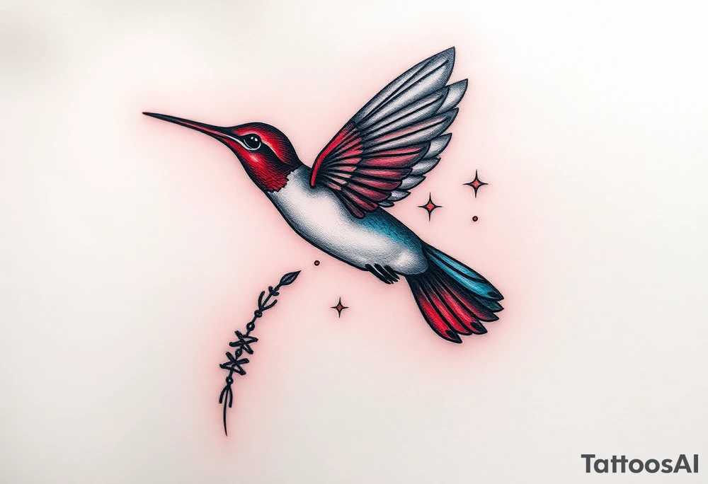 A hummingbird leaving a trail of glowing hieroglyphs as it flies(only red , blue and black are possible colors) tattoo idea