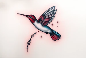 A hummingbird leaving a trail of glowing hieroglyphs as it flies(only red , blue and black are possible colors) tattoo idea