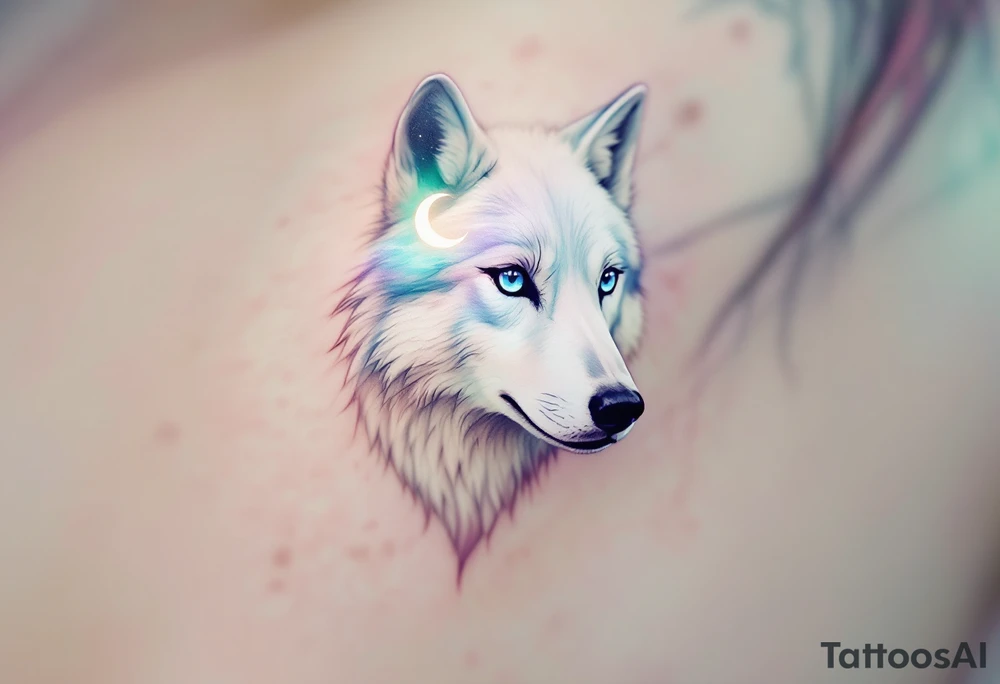 White arctic wolf with piercing blue eyes standing beneath a soft glowing crescent moon, with a northern lights sky in green, purple, and teal. tattoo idea