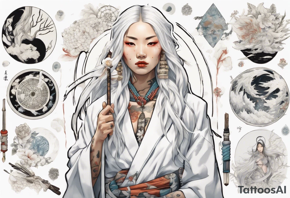 an indigenous woman with long white hair dressed in a white coat holding a white wand surrounded by ice tattoo idea