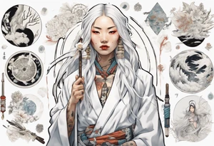 an indigenous woman with long white hair dressed in a white coat holding a white wand surrounded by ice tattoo idea