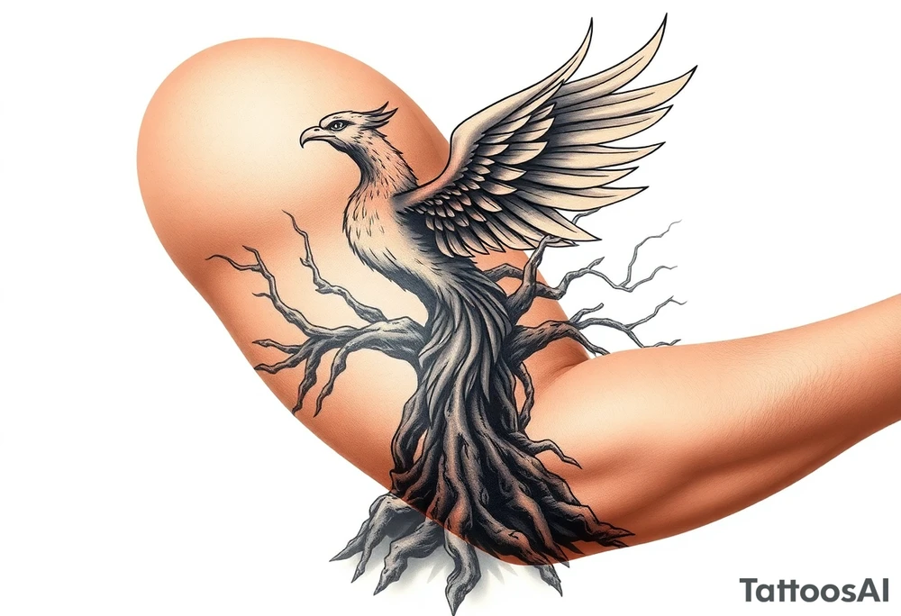 Powerful Phoenix rising from large rooted 
tree of life tattoo idea
