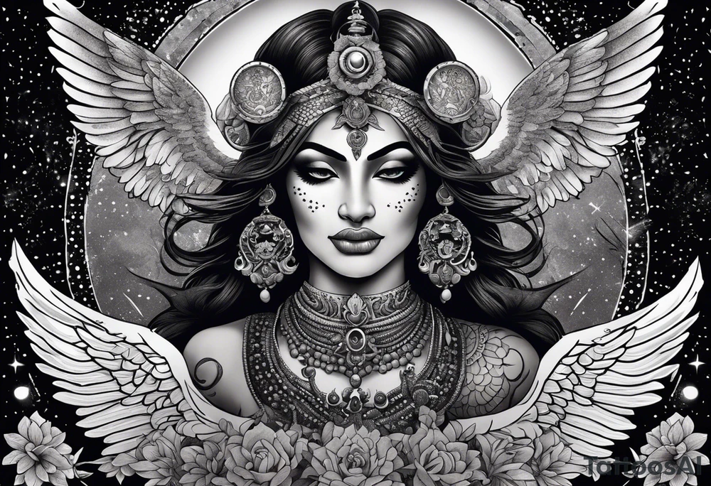 black kali, goddess pirate, alien, angel, pachamama, valkrye, warrior, flying, skull, lotus azul, wing, eagle, zenza resonance, stars, 5D, anahata chakra, death, durga, riding on a tiger, flying lady, kundalini, chest tatoo, samuri, rebel tattoo idea