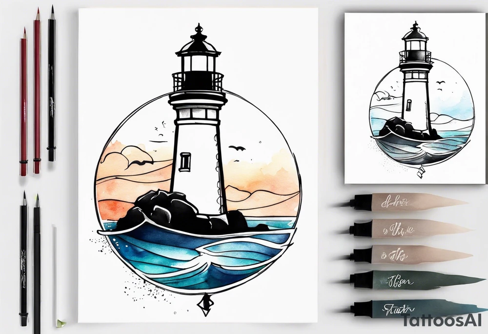 Farol no oceano em mar bravo aquarelado tattoo idea