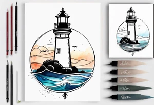 Farol no oceano em mar bravo aquarelado tattoo idea