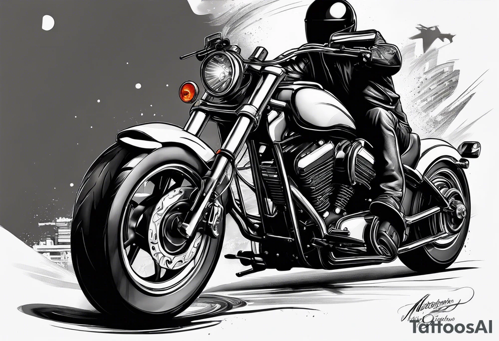 motorcycle  with guns riding at night in the city tattoo idea