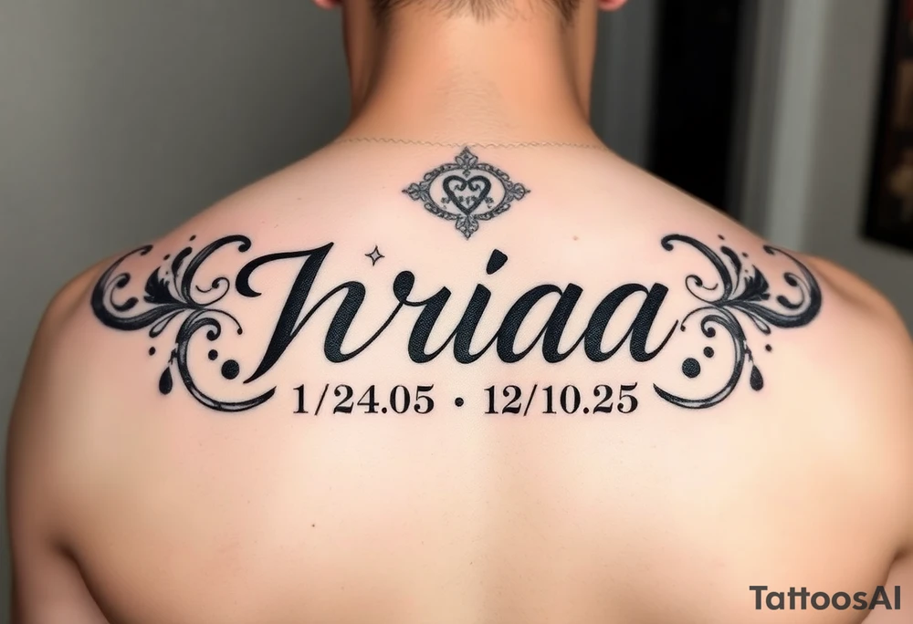 Love one tattoo with the name nriaa 9/24/05 death date 2/10/25 black lining, less shade in including a halo tattoo idea