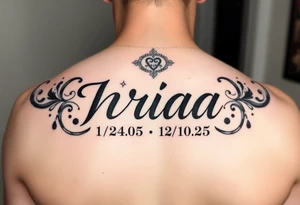 Love one tattoo with the name nriaa 9/24/05 death date 2/10/25 black lining, less shade in including a halo tattoo idea