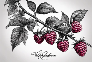 a long raspberry branch that focuses on line work. Includes a small signature somewhere that is signed "Popkin" tattoo idea