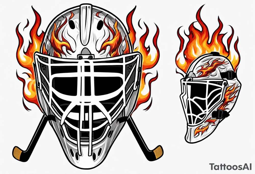 "SHOT HOCKEY" goalie mask with crossed hockey sticks and flames tattoo idea