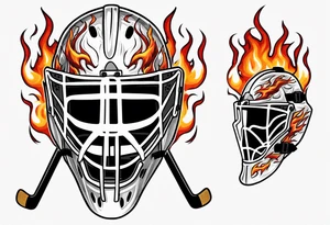 "SHOT HOCKEY" goalie mask with crossed hockey sticks and flames tattoo idea