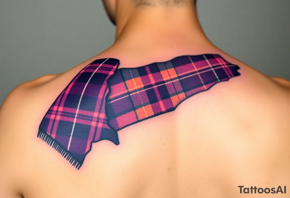 Purple tartan fabric on shoulder with skin peeling back to reveal tartan underneath tattoo idea