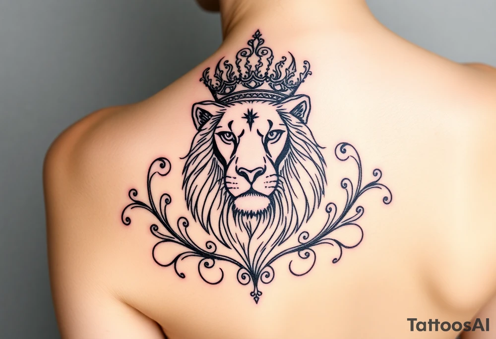 majestic lion wearing ornate crown, surrounded by baroque flourishes tattoo idea