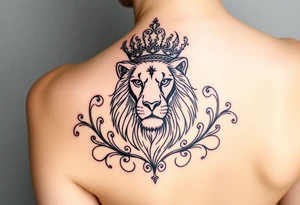 majestic lion wearing ornate crown, surrounded by baroque flourishes tattoo idea