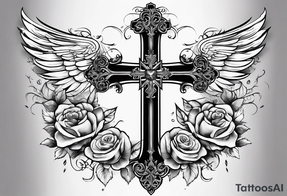 Cross with clouds wings roses tattoo idea