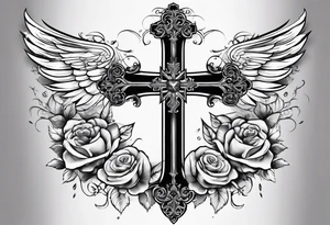 Cross with clouds wings roses tattoo idea