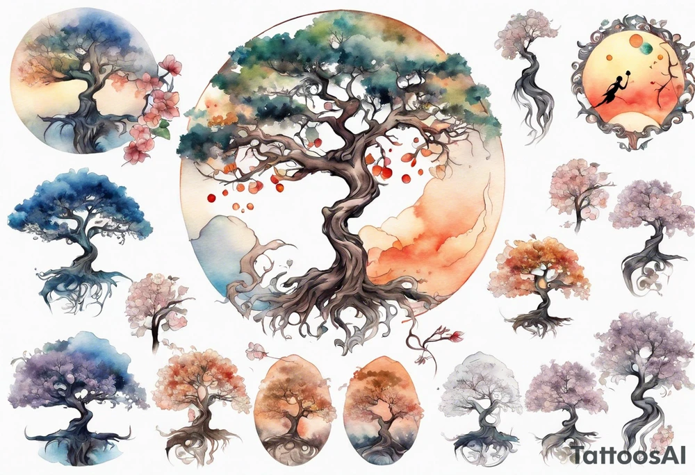 A tree shaped like a beautiful woman reaching towards the sun tattoo idea